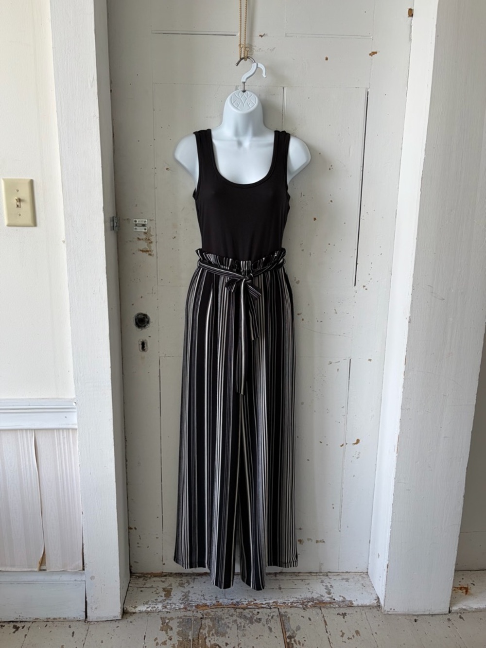 Lily Rose Black Striped Wide-Leg Paperbag Waist Tank Jumpsuit